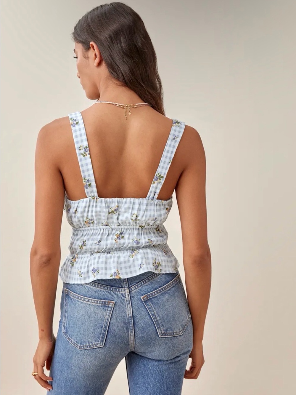 Reformation Liya Top Light Blue Gingham Smocked Floral Tank Small - Picture 3 of 10